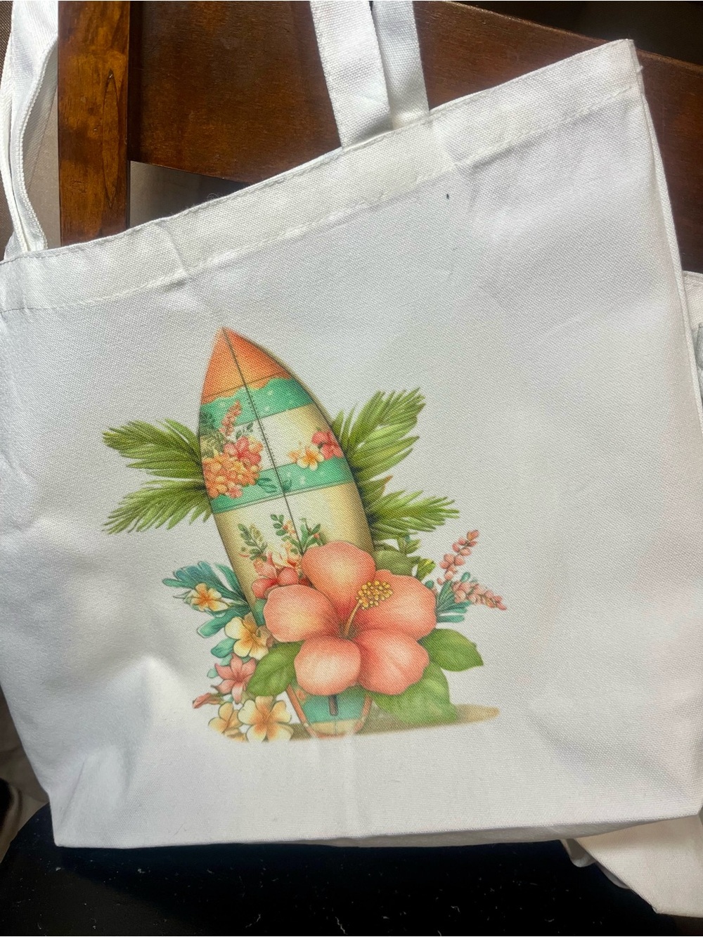 Tropical Surfboard Floral Canvas Tote bag- White